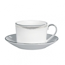 A beautiful collection for formal dining in white fine bone china with delicate platinum-hued rim accents. A beautiful collection for formal dining in white fine bone china with delicate platinum-hued rim accents.