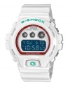 The snowball effect: With multiple functions and a durable shell, this sporty watch by G-Shock will get you rolling. Crafted of white resin strap and round case. Green logo at bezel. Shock-resistant, negative display digital dial with EL backlight, flash alert, multifunction alarm, countdown timer, stopwatch and 12/24-hour formats. Quartz movement. Water resistant to 200 meters. One-year limited warranty.