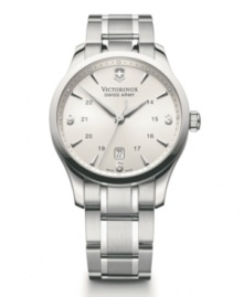 An uncomplicated design to outlast trends. Alliance watch by Victorinox Swiss Army crafted of stainless steel bracelet and round case. Anti-reflective, triple-coated sapphire crystal. Silver tone dial features applied silver tone numerals and indices at markers, minute track, military time, date window at six o'clock, three hands and logo. Swiss quartz movement. Water resistant to 100 meters. Three-year limited warranty. An uncomplicated design to outlast trends. Alliance watch by Victorinox Swiss Army crafted of stainless steel bracelet and round case. Anti-reflective, triple-coated sapphire crystal. Silver tone dial features applied silver tone numerals and indices at markers, minute track, military time, date window at six o'clock, three hands and logo. Swiss quartz movement. Water resistant to 100 meters. Three-year limited warranty.