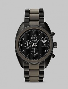 Classic chronograph functionality with a modern, sporty twist in stainless steel with a silicone bracelet. Round bezel Quartz movement Three-eye chronograph functionality Water resistant to 3 ATM Date function Second hand Stainless steel case: 43mm (1.69) Silicone bracelet: 23mm (0.90) Imported 