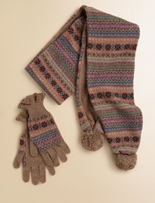 A warm pair of gloves knit in a colorful Fair Isle design and finished with ruffled, pointelle-knit cuffs.Ruffled cuffs85% cotton/15% cashmereHand washImported
