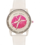 Kiss your wrists with this lovely watch from Betsey Johnson. Dressed in genuine white leather and glammed up with a vibrant graphic.