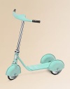 A retro-look, pressed steel scooter with sleek chrome wheels is designed for kids ages 3 to 5. Safe and durable; 9lbs Stands upright on 3 wheels Adjustable handlebars Rubber tires Adult supervision required Quick assembly 9W X 25H X 23L Non-toxic, child safe coating Imported