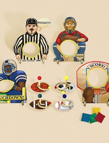 It's an exciting toss up between two classic games when you play them together or apart. The Sports Bean Bag Toss includes four wooden freestanding sports figures from each of the four major sports: baseball catcher, football receiver, soccer referee and basketball player. The bonus set includes a Sports Ring Toss game with baseball, football, soccer and basketball themes. It's an exciting toss up between two classic games when you play them together or apart. The Sports Bean Bag Toss includes four wooden freestanding sports figures from each of the four major sports: baseball catcher, football receiver, soccer referee and basketball player. The bonus set includes a Sports Ring Toss game with baseball, football, soccer and basketball themes.