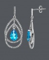 Liven up your look with a bright burst of sparkling color. Double teardrop earrings feature a pear-cut blue topaz center stone (2-9/10 ct. t.w.) surrounded by halos of round-cut diamonds (3/8 ct. t.w.) set in sterling silver. Approximate drop: 1-1/4 inches.