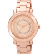 Pave accents swim and shimmer along a rosy timepiece from Vince Camuto.