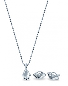 This hamasa hand and evil eye pendant and earring set from Alex Woo makes simple, spiritual gift -- lovely in striking sterling silver. This hamasa hand and evil eye pendant and earring set from Alex Woo makes simple, spiritual gift -- lovely in striking sterling silver.