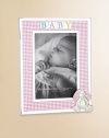 From the Gingham Bunny Collection. Adorable way to display her picture with puffed pink and white gingham fabric accented by B-A-B-Y spelled in soft enamel colors and a 3-dimensional bunny sitting in the corner.Silverplate trim4 X 6, overall approx. 8 X 6.5Elegantly packaged for gift-givingImported