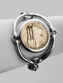 A rugged piece embellished with a center coin on a horsebit setting. Silvertone and goldtoneLength, about 7Lobster clasp closureMade in USA A rugged piece embellished with a center coin on a horsebit setting. Silvertone and goldtoneLength, about 7Lobster clasp closureMade in USA
