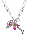 Spring is in the air. Lucky Brand's unique charm pendant combines a pink enamel orchid with a cut-out leaf and a pretty floral branch. Doubled chain and setting crafted from silver tone mixed metal. Approximate length: 24 inches + 2-inch extender. Approximate drop: 3-1/2 inches.