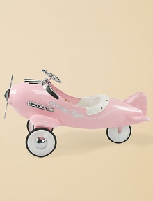 Imaginations soar in this pretty pink plane with sparkling chrome steering wheel and trim. All metal construction Padded seat Rubber-edged wheels Pedal operation 24H X 44W X 45D Imported Recommended for ages 3-5