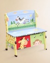 From the Sunny Safari Collection. Jungle friends romp and play all over this bright, hand-painted bench that can double as a toy chest.Sturdy design Safety lid 24¾W X 23¼H X 14½D Constructed of MDF Imported Recommended for ages 3 and up Please note: Some assembly may be required. 