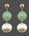 Focus on a fresh look with these beautiful earrings featuring cultured freshwater pearl (8 - 8-1/2 mm) and jade (8 mm) set in 14k gold. Approximate drop: 1 inch.