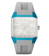 Stop them in their tracks with this Diesel watch's modern style and icy cool facade. Gray silicone strap and square brushed teal anodized plated case. Gray matte dial features applied stick indices, luminous hands and logo. Quartz movement. Water resistant to 50 meters. Two-year limited warranty.