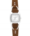 Eye-catching details lend casual cool to this Nine West watch. Crafted of brown leather strap with buckle detail and square silver tone mixed metal case. Silver tone dial features applied numerals at three, six, nine and twelve o'clock, stick indices, dot markers, hour and minute hands, sweeping second hand and logo at six o'clock. Quartz movement. Limited lifetime warranty.