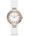 Rosy hues burst from a refined background on this shimmering timepiece from GUESS.