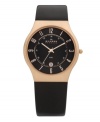 Mixed materials combine for a warm, sleek effect in this classic Skagen Denmark watch. Black leather strap and rose round goldtone stainless steel case. Black dial features logo, rose goldtone numerals, date window at six o'clock and luminous hands. Quartz movement. Water resistant to 30 meters. Limited lifetime warranty.