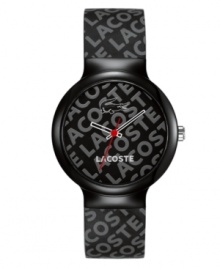 Repeat your regard for Lacoste. This unisex Goa watch is crafted of black silicone strap with light gray repeating text logo and round black plastic case. Black dial features light gray repeating text logo, cut-out hour and minute hand, red second hand, white iconic crocodile logo at twelve o'clock and white text logo at six o'clock. Quartz movement. Water resistant to 30 meters. Two-year limited warranty. Repeat your regard for Lacoste. This unisex Goa watch is crafted of black silicone strap with light gray repeating text logo and round black plastic case. Black dial features light gray repeating text logo, cut-out hour and minute hand, red second hand, white iconic crocodile logo at twelve o'clock and white text logo at six o'clock. Quartz movement. Water resistant to 30 meters. Two-year limited warranty.
