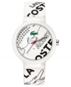 The great gator creeps along this chic, black and white watch from the one and only Lacoste. Black and white logo patterned silicone strap. White plastic round case and round black and white patterned dial with logo. Quartz movement. Water resistant to 30 meters. Two-year limited warranty.
