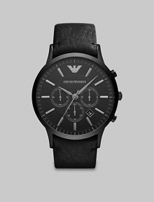 A smooth, matte dial with chronograph functionality is completed with a slightly textured leather strap bracelet.Chronograph dialRound bezelWater resistant to 5ATMDate display at 5 o'clockSecond handStainless steel case: 46mm(1.81)Leather strap braceletImported