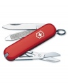 Reliable Swiss Army style. This stainless steel red acrylic pocket knife features a blade, nail file with nail cleaner, scissors, key ring, tweezers and toothpick. Lifetime guarantee against any defects in material and workmanship. Approximate length: 2-1/4 inches.