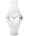 Cool, crisp style by Marc by Marc Jacobs. This watch features a white ceramic bracelet and round stainless steel case. Logo at bezel. White dial with logo. Quartz movement. Water resistant to 30 meters. Two-year limited warranty.