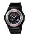 Sweet hearts meet tough black on this analog-digital watch by Baby-G. Black resin strap and round case with metal bezel and pink logo. Shock-resistant analog-digital black dial features LED light, world time, five daily alarms, stopwatch, countdown timer, 12/24-hour formats, multicolored numerals, minute track, hearts, negative display subdials, two luminous silver tone hands and logo. Quartz movement. Water resistant to 100 meters. One-year limited warranty.