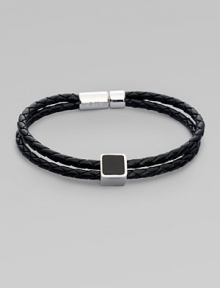 A double strand of braided Italian leather is offset by a sterling silver cube on one side and clasp on the other. Black leather bracelet features agate and sodalite inlay Brown leather bracelet features tiger's eye and ebony inlay Leather Sterling silver About 8¼ long Pop clasp Made in the United Kingdom A double strand of braided Italian leather is offset by a sterling silver cube on one side and clasp on the other. Black leather bracelet features agate and sodalite inlay Brown leather bracelet features tiger's eye and ebony inlay Leather Sterling silver About 8¼ long Pop clasp Made in the United Kingdom