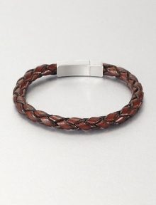 Braided brown Italian leather band with sterling silver clasp. Tension-held box clasp About 8½ long Embossed signature Made in United Kingdom Braided brown Italian leather band with sterling silver clasp. Tension-held box clasp About 8½ long Embossed signature Made in United Kingdom
