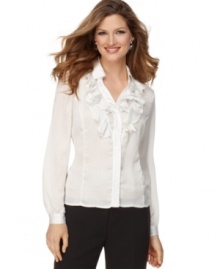Pretty pindots and a ruffled neckline make this Tahari by ASL shirt the perfect layer to peek out from a jacket or blazer! Pretty pindots and a ruffled neckline make this Tahari by ASL shirt the perfect layer to peek out from a jacket or blazer!