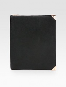 Slip your iPad® into this sleek leather cover, edged with polished hardware.Accommodates all iPad® modelsZip-around closureTwo inside open pockets6 credit card slotsFully lined8½W X 10½H X 3/4DImportedPlease note: iPad® not included