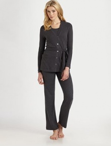 Versatility and contemporary styling combine in this sleek, extra soft jacket. V necklineButton frontWrap tie at waistLong sleevesAbout 29 from shoulder to hem63% viscose/23% polyamide/14% angoraMachine washImported of Austrian fabric