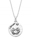 Emotional, loving, intuitive & shrewd. Unwritten's chic Zodiac pendant features the signature Cancer design with these unique qualities listed on the reverse side. Set in sterling silver. Approximate length: 18 inches. Approximate drop: 3/4 inch.