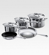This essential collection of Le Creuset stainless steel is perfect for newlyweds or a new kitchen. Tri-ply construction with full aluminum cores provide even, all-around heat distribution while eliminating hot-spots and scorching. The set includes a nonstick omelet pan, fry pan, two saucepans with lids and a stockpot with lid.