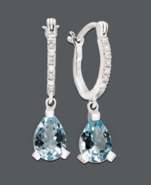 An elegant spin on the traditional hoop. Vibrant aquamarine teardrops (2 ct. t.w.) dangle dramatically from a 14k white gold hoop setting dusted in diamond accents. Approximate drop: 1/4 inch. An elegant spin on the traditional hoop. Vibrant aquamarine teardrops (2 ct. t.w.) dangle dramatically from a 14k white gold hoop setting dusted in diamond accents. Approximate drop: 1/4 inch.