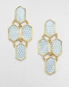 Hexagonal plaques of gold-washed lizard in a soft turquoise tint are dramatically linked in these bold drop earrings that combine the graphic with the exotic.LizardGoldplated brassDrop, about 2.5Post backMade in USA