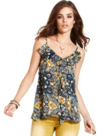 Colorize your look in Buffalo David Bitton's bright tank top, featuring ruffled trim and a bold kaleidoscope print. Try it with skinny jeans in a weathered wash. Colorize your look in Buffalo David Bitton's bright tank top, featuring ruffled trim and a bold kaleidoscope print. Try it with skinny jeans in a weathered wash.