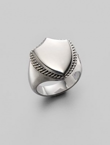 Polished sterling silver shield ring with cable trim. From the Thoroughbred Collection Facing, 17.13mm X 21.83mm Imported Polished sterling silver shield ring with cable trim. From the Thoroughbred Collection Facing, 17.13mm X 21.83mm Imported