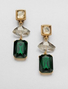 An emerald-cut stone in an elegant drop design. Glass stonePewter and brassDrop, about 2.5Clip-on backMade in USA An emerald-cut stone in an elegant drop design. Glass stonePewter and brassDrop, about 2.5Clip-on backMade in USA