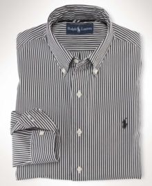 Crisp, clean lines lend modern refinement to a long-sleeved sport shirt, crafted from lightweight cotton poplin in a trim, modern fit. Crisp, clean lines lend modern refinement to a long-sleeved sport shirt, crafted from lightweight cotton poplin in a trim, modern fit.