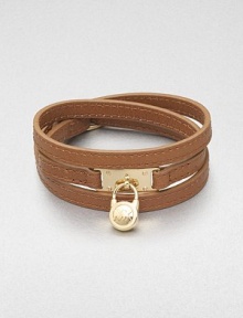 This effortless style features a chic logo accented padlock charm on a supple wrapped leather strip. LeatherGoldtone brassLength, about 25Buckle closureImported This effortless style features a chic logo accented padlock charm on a supple wrapped leather strip. LeatherGoldtone brassLength, about 25Buckle closureImported