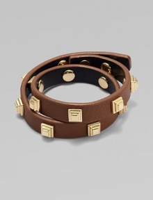An edgy leather design with 16k goldplated hardware.LeatherPost closureAbout 16 longImported An edgy leather design with 16k goldplated hardware.LeatherPost closureAbout 16 longImported