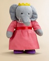 EXCLUSIVELY OURS. Babar's wife, Celeste, is made of soft plush and stands royally tall at 13 in a soft pink dress trimmed with satin ribbon and a white scalloped collar with a purple charm. She proudly wears a golden felt crown and purple shoes detailed with satin ribbon, so she is perfectly dressed to fashionably fulfill her royal duties. 