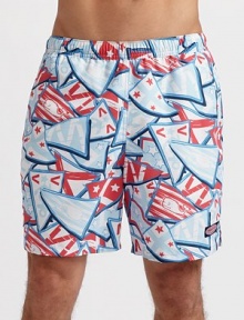 A bright, graphic option for the beach, board and beyond in quick-dry microfiber. Elastic waist Logo tab on left leg Side slash, back flap pockets Mesh lining Inseam, about 7 Polyester Machine wash Imported A bright, graphic option for the beach, board and beyond in quick-dry microfiber. Elastic waist Logo tab on left leg Side slash, back flap pockets Mesh lining Inseam, about 7 Polyester Machine wash Imported