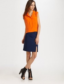 Breezy silk chiffon, closely cropped in a tailored button-down silhouette.Point collarSleevelessConcealed button-down placketChest pocketsSlightly gathered backHem longer in backAbout 27 from shoulder to hemSilkDry cleanImportedModel shown is 5'10 (177cm) wearing US size 4.OUR FIT MODEL RECOMMENDS ordering true size. Breezy silk chiffon, closely cropped in a tailored button-down silhouette.Point collarSleevelessConcealed button-down placketChest pocketsSlightly gathered backHem longer in backAbout 27 from shoulder to hemSilkDry cleanImportedModel shown is 5'10 (177cm) wearing US size 4.OUR FIT MODEL RECOMMENDS ordering true size.