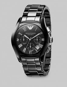 A sophisticated classic is updated in lightweight ceramic with three-eye chronograph functionality and silver Roman numerals. Second hand Date display at 4:30 Round case, 42mm, 1.65 Lacquered ceramic bracelet, 22mm, 0.87 Water resistant to 3 ATM Quartz movement Imported A sophisticated classic is updated in lightweight ceramic with three-eye chronograph functionality and silver Roman numerals. Second hand Date display at 4:30 Round case, 42mm, 1.65 Lacquered ceramic bracelet, 22mm, 0.87 Water resistant to 3 ATM Quartz movement Imported