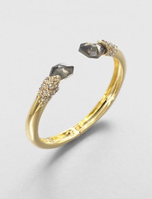 From the Miss Havisham Collection. A simple golden bangle is stunningly capped by faceted doublets of pyrite and white quartz and sprinkled with Swarovski crystals.CrystalWhite quartz and pyriteGoldtoneDiameter, about 2.4Width, about .6HingedMade in USA From the Miss Havisham Collection. A simple golden bangle is stunningly capped by faceted doublets of pyrite and white quartz and sprinkled with Swarovski crystals.CrystalWhite quartz and pyriteGoldtoneDiameter, about 2.4Width, about .6HingedMade in USA