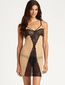 Sheer, peek-a-boo lace trims this delicate slip in alluring detail.Spaghetti strapsV-neckContour Empire waist83% nylon/15% elastane/2% cottonHand washMade in Italy