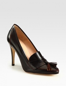 Tassels, contrast stitching and a substantial heel enliven this Italian leather loafer. Stacked heel, 4 (100mm)Leather upperLeather lining and solePadded insoleMade in ItalyOUR FIT MODEL RECOMMENDS ordering one half size up as this style runs small. Tassels, contrast stitching and a substantial heel enliven this Italian leather loafer. Stacked heel, 4 (100mm)Leather upperLeather lining and solePadded insoleMade in ItalyOUR FIT MODEL RECOMMENDS ordering one half size up as this style runs small.