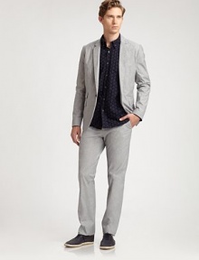 The rebirth of cool, cotton pants offering crisp, clean lines.Hook-and-eye closureZip flyBelt loopsFront slash pocketsBack welt pocketsInseam, about 32CottonMachine washMade in USA The rebirth of cool, cotton pants offering crisp, clean lines.Hook-and-eye closureZip flyBelt loopsFront slash pocketsBack welt pocketsInseam, about 32CottonMachine washMade in USA
